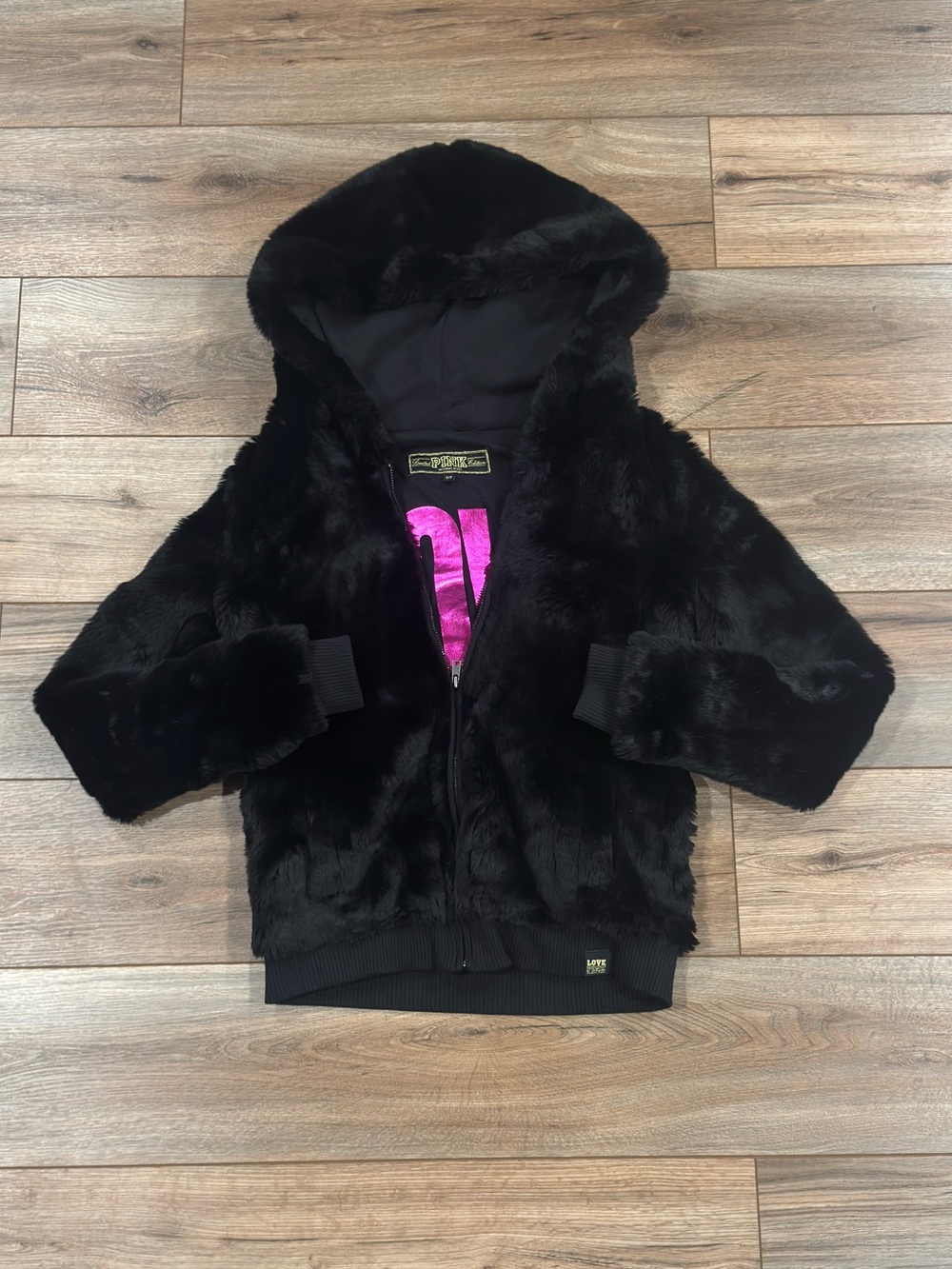 VS PINK Vintage 2011 Y2k Limited Edition Black Faux Fur Hooded Coat | Size Small